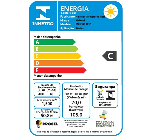 etiqueta inmetro de coletor solar MC 1300 TF15